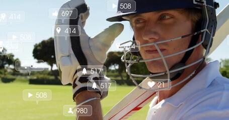 Image of icons and data processing over caucasian male cricket player