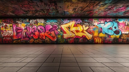 A vividly painted wall with diverse graffiti, showcasing urban street culture through colorful expressions.