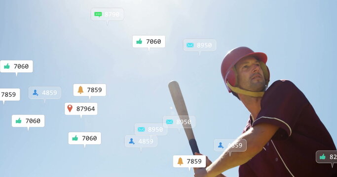 Image of icons and data processing over caucasian male baseball player