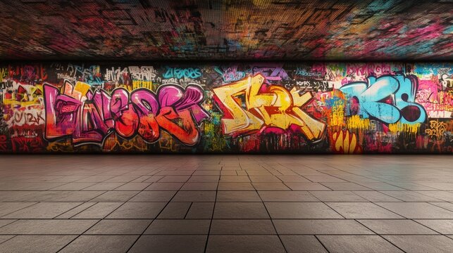 Fototapeta A vividly painted wall with diverse graffiti, showcasing urban street culture through colorful expressions.