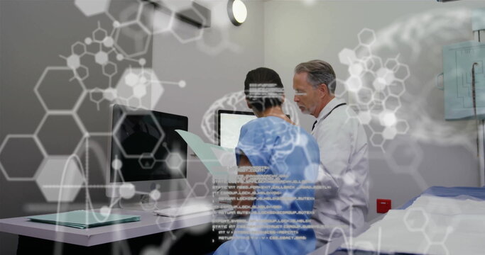 Image of brain with molecules and data processing over diverse doctors working in hospital