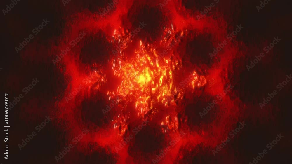 Poster animation of abstract visual with fiery explosion at its center, surrounded by swirling, pulsating e
