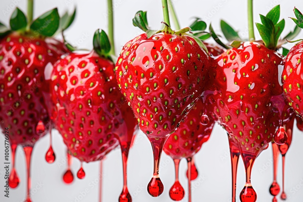 Poster A cluster of fresh strawberries with juice dripping from them