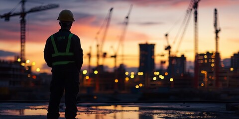 Fototapeta premium Silhouette of a construction worker in a hard hat and safety vest standing against a backdrop of a city skyline at sunset.