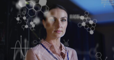 Image of data processing and chemical formula over caucasian businesswoman in server room