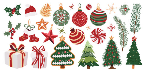 Set of isolated Christmas and New Year party decoration ornaments in cute doodle hand-drawn graphic illustration style on a transparent background. Red and green color tone. Volume 1.