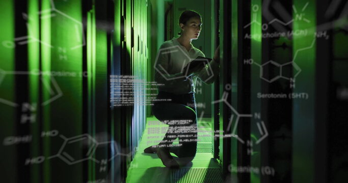 Image of data processing and chemical formula over caucasian businesswoman in server room
