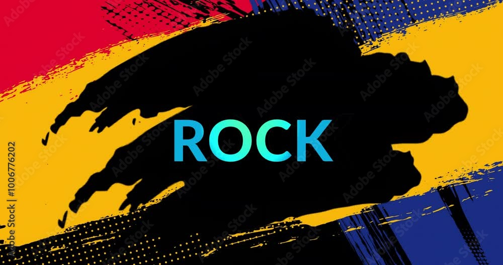 Poster rock text animation over colorful abstract brush strokes and patterns