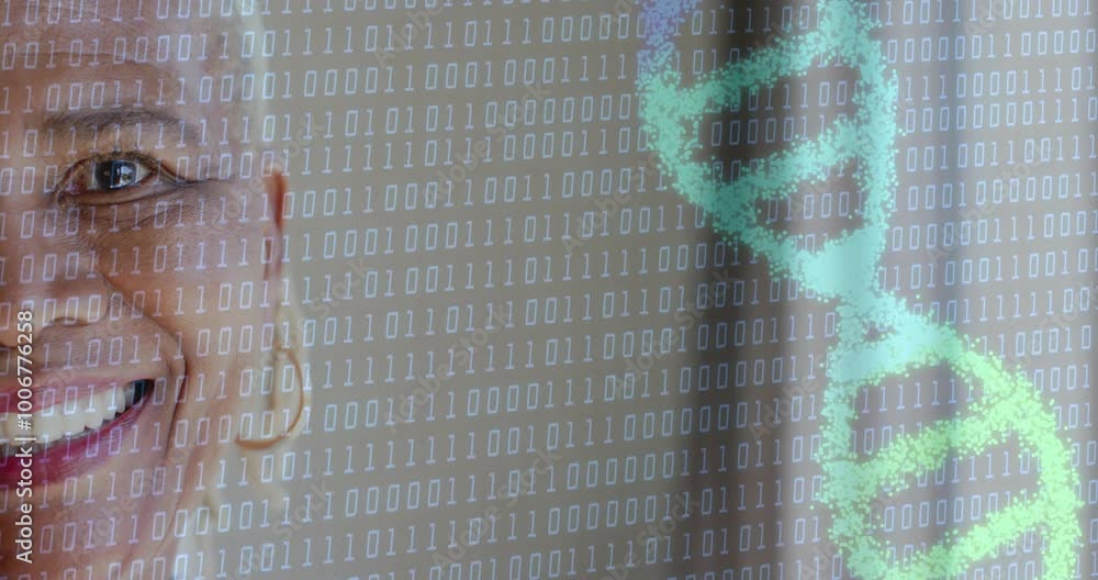 Poster binary code and data visualization animation over smiling person in background