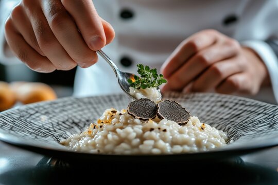 An Italian chef garnishing a dish of risotto with truffles in a gourmet restaurant