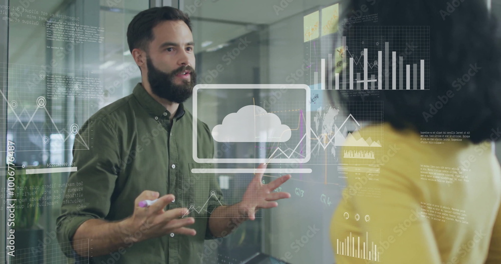 Poster image of financial data processing over diverse colleagues discussing work in office