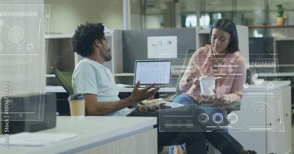 Poster image of financial data processing over diverse colleagues discussing work in office