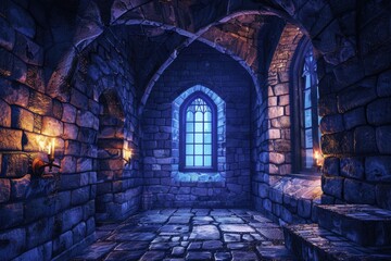 A dimly lit room with stone walls and a single window, suitable for use in mystery or suspense scenes