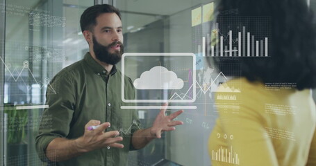 Image of financial data processing over diverse colleagues discussing work in office