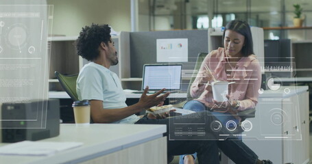 Image of financial data processing over diverse colleagues discussing work in office