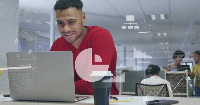 Image of financial data processing over biracial businessman using laptop in office