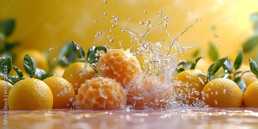 Poster a refreshing splash of water explodes around juicy oranges, creating a vibrant and summery scene.