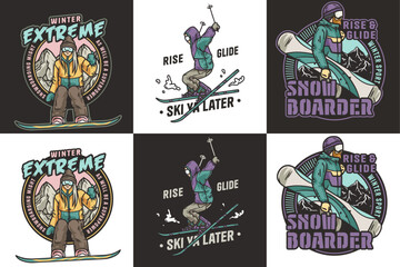 Vintage style logos featuring snowboarders and skiers enjoying winter sports, perfect for designs related to winter activities, extreme sports, and mountain adventures