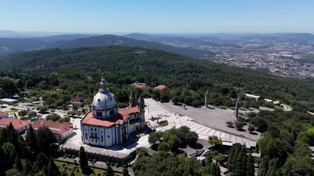 Aerial view of the Santuario do Sameiro in Braga, overlooking the city and mountains