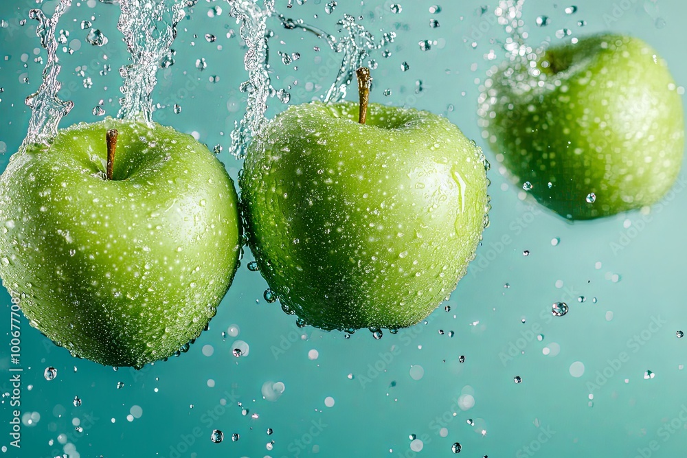 Poster three green apples splashing in water, creating a dynamic and refreshing image.