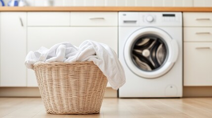 Freshly cleaned towels are neatly stacked on a table next to a modern washing machine in a well-lit laundry room, showcasing a tidy, organized space
