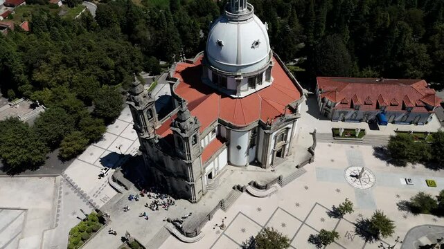 Aerial view of the Sanctuary of Sameiro in Braga, Portugal, with its impressive dome and surrounding greenery