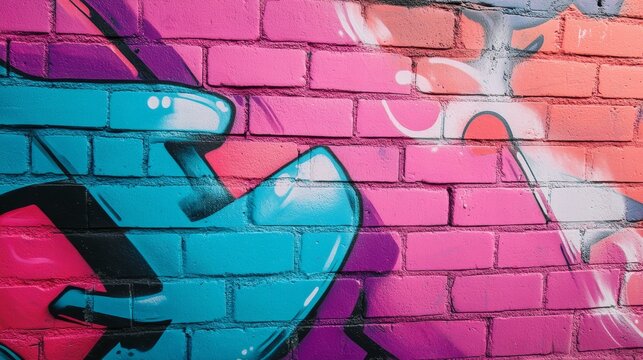 Fototapeta Bright graffiti featuring vivid blue and pink shapes artistically painted on a textured brick wall background.