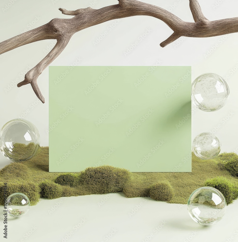 Poster minimalist green canvas displayed on soft moss with glass bubbles and a branch, creating a serene co