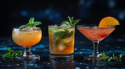 Three Refreshing Cocktails with Mint and Citrus Garnishes