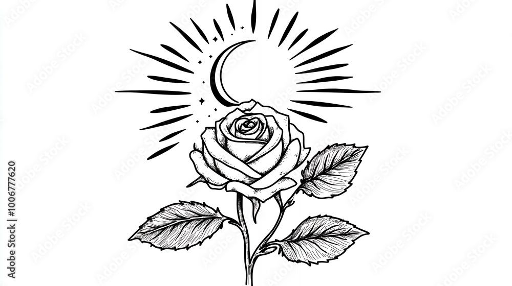 Sticker Line art drawing of a rose with a crescent moon