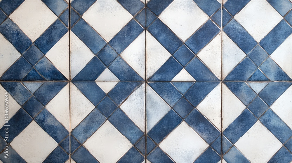 Poster interlocking diamonds in deep blue and white, arranged symmetrically across a grid of square tiles f