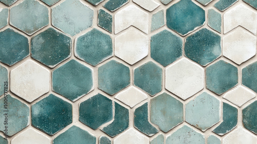 Poster hexagonal tiles with intricate patterns of interwoven lines in a mix of muted teal and white, creati