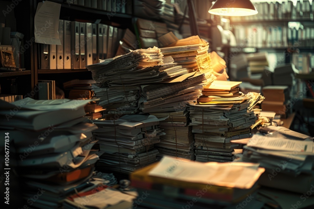 Poster stacked books on a wooden table with a simple background