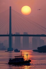 Obraz premium A boat floats on calm waters, accompanied by a majestic bridge in the distance