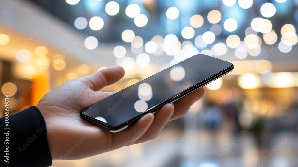 Poster a close-up shot showcases a smartphone held vertically in a hand, set against a softly lit tech lab 