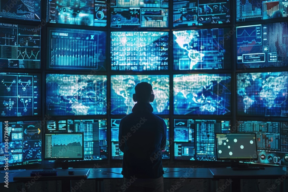 Poster a person standing in front of a wall of computer monitors, perfect for technology or office scenes