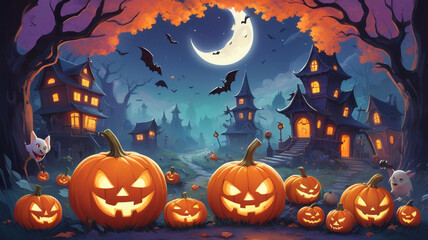 Spooky Halloween Scene with Carved Pumpkins and Moonlight