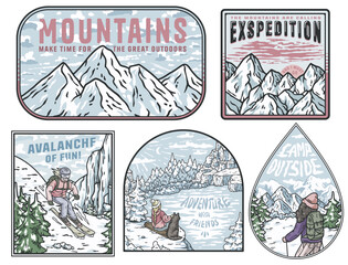 Set of five colorful logos with snowy mountains, pine trees and people enjoying winter holidays, skiing, hiking and camping