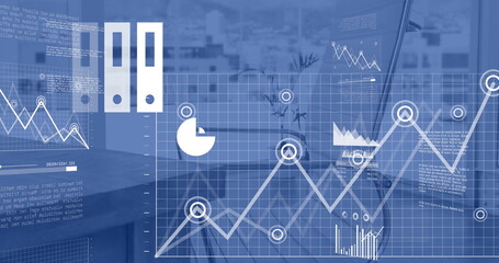 Image of financial data processing and icons over desk in office