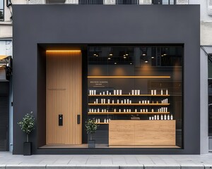 Modern beauty salon exterior with sleek glass windows, minimalistic design, warm ambient lighting, inviting luxury atmosphere, Beauty Salon, Contemporary Exterior