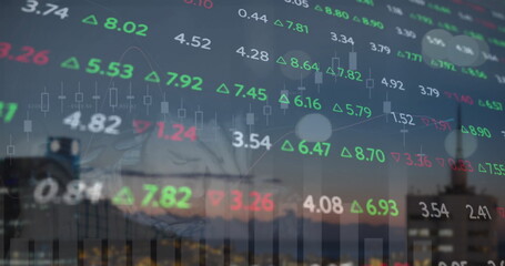 Image of financial data processing over cityscape