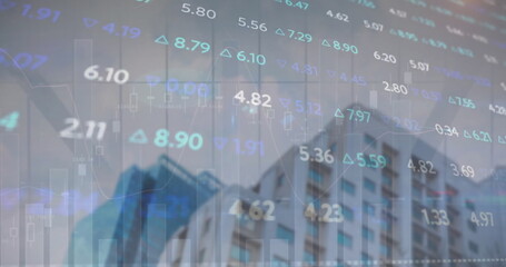 Image of financial data processing over cityscape