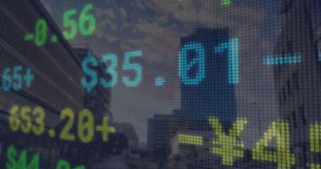 Image of financial data processing over cityscape