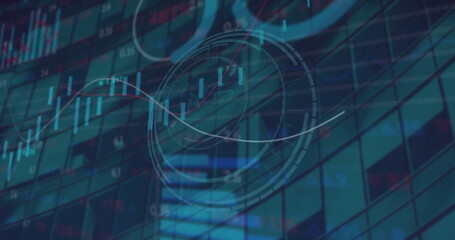 Image of financial data processing over cityscape