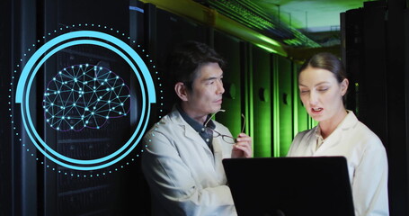 Image of scanner with brain network over diverse male and female technicians in server room