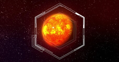 Image of hexagonal scanner frame processing data over orange globe in space