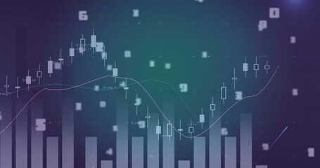 Image of data processing over diagrams on blue background