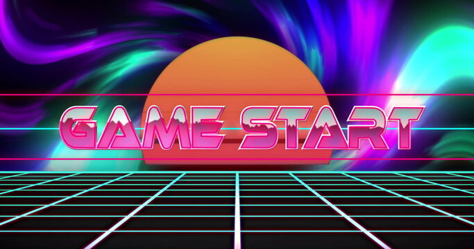 Image of game start text over digital sun and colourful light trails on black background