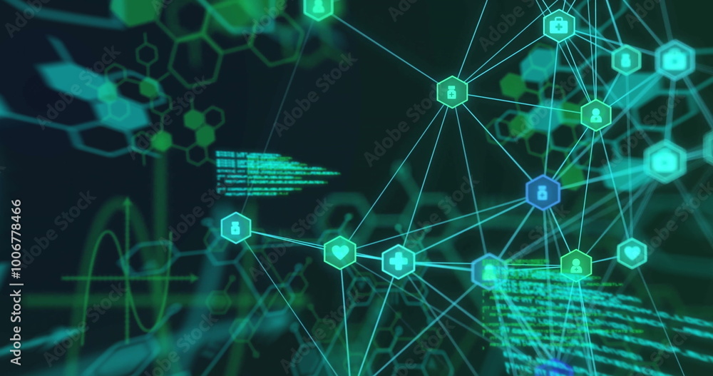Poster image of chemical formula with connections and data processing on black background