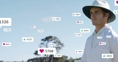 Image of icons and data processing over caucasian male cricket umpire